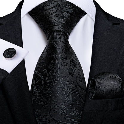 All Black Paisley Tie, Pocket Square and Cufflinks tie sets Standard packaging   - Sophisticated Gentlemen