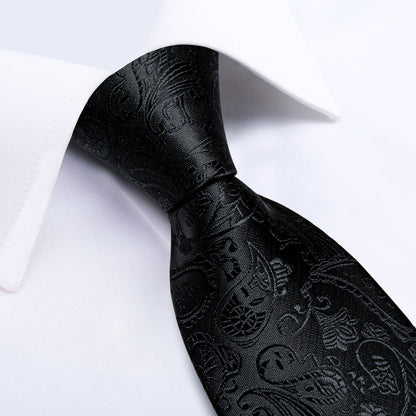 All Black Paisley Tie, Pocket Square and Cufflinks - SOPHGENT