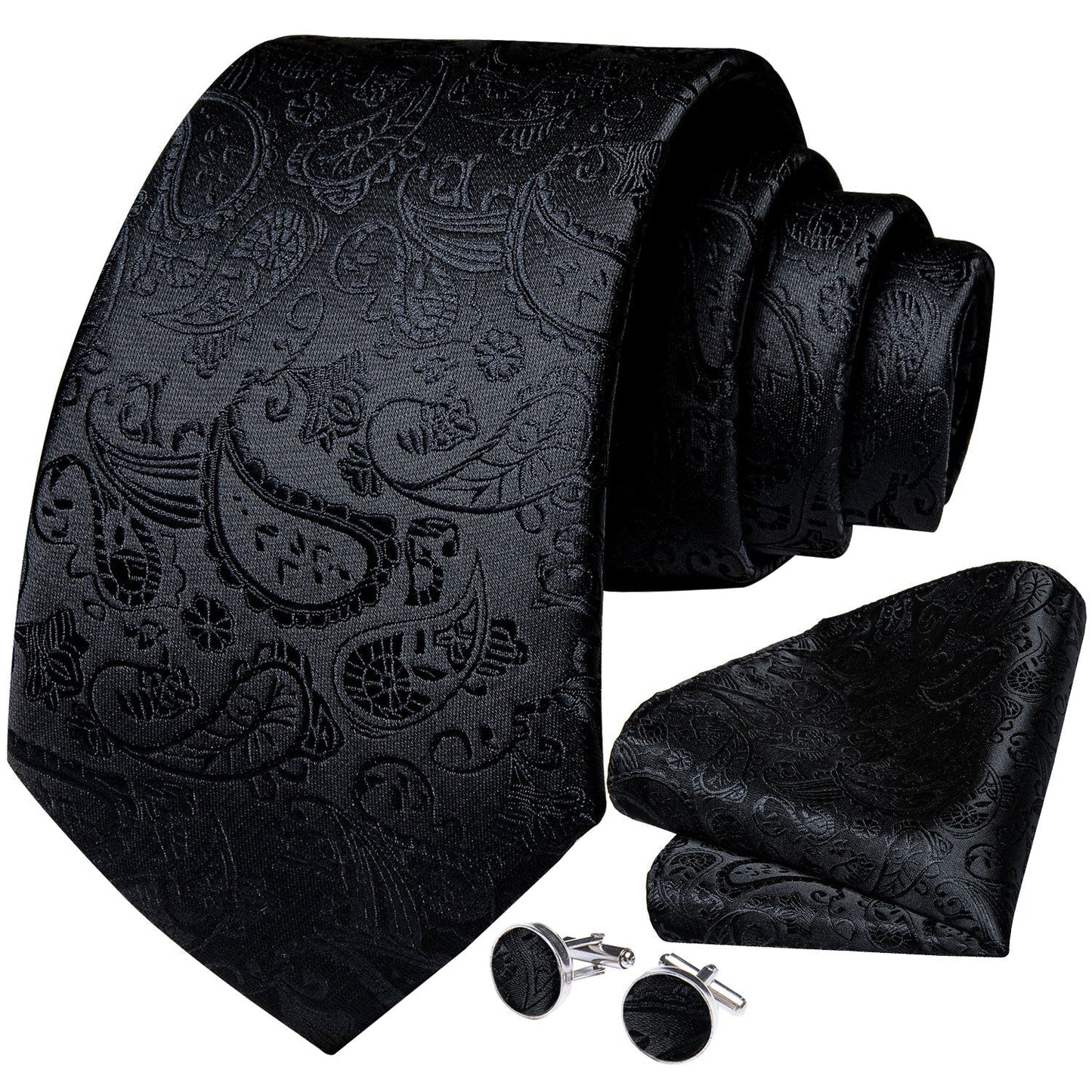 All Black Paisley Tie, Pocket Square and Cufflinks - SOPHGENT