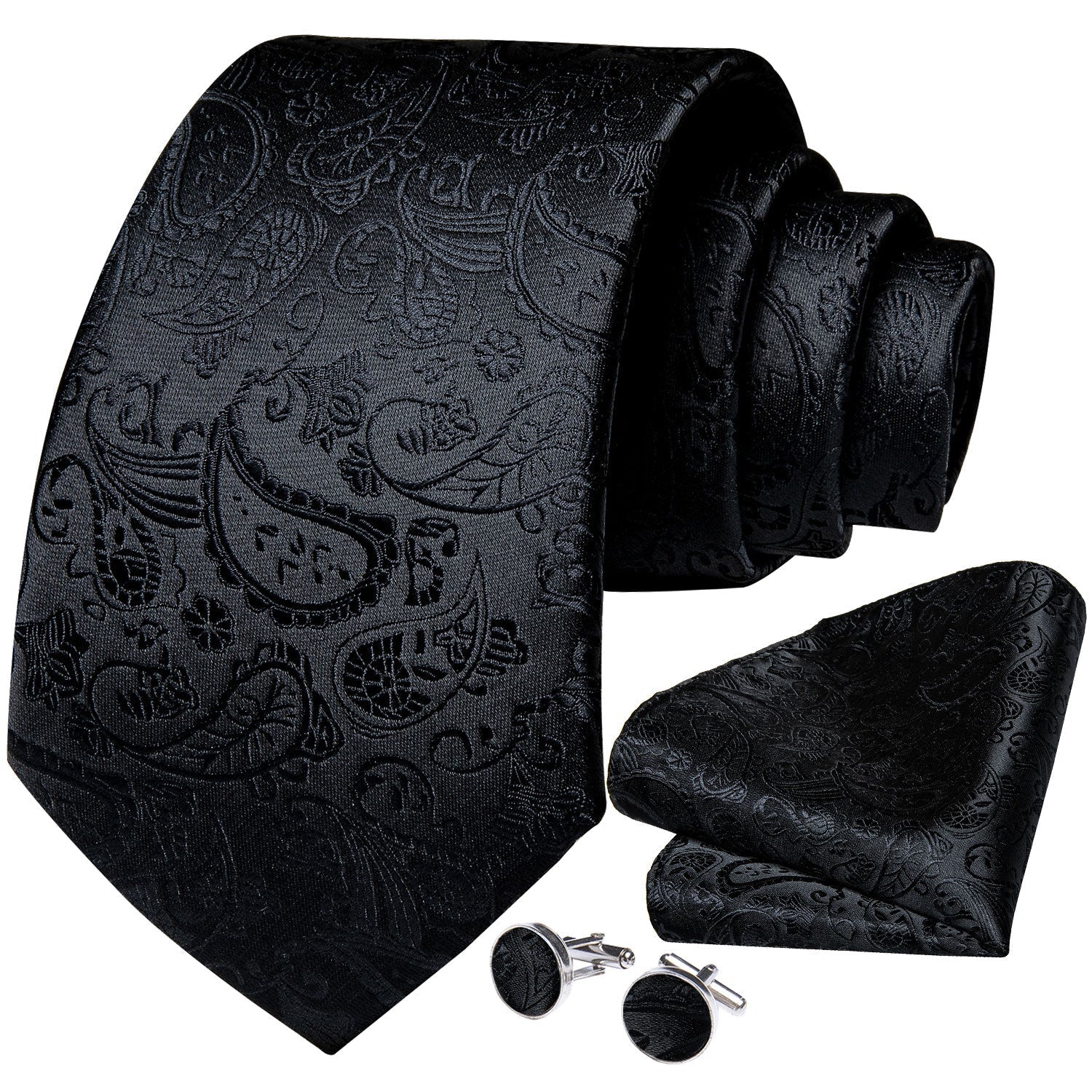 All Black Paisley Tie, Pocket Square and Cufflinks - SOPHGENT