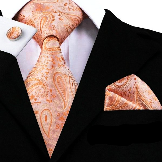 Peach Paisley Tie, Pocket Square and Cufflinks tie sets Standard packaging   - Sophisticated Gentlemen