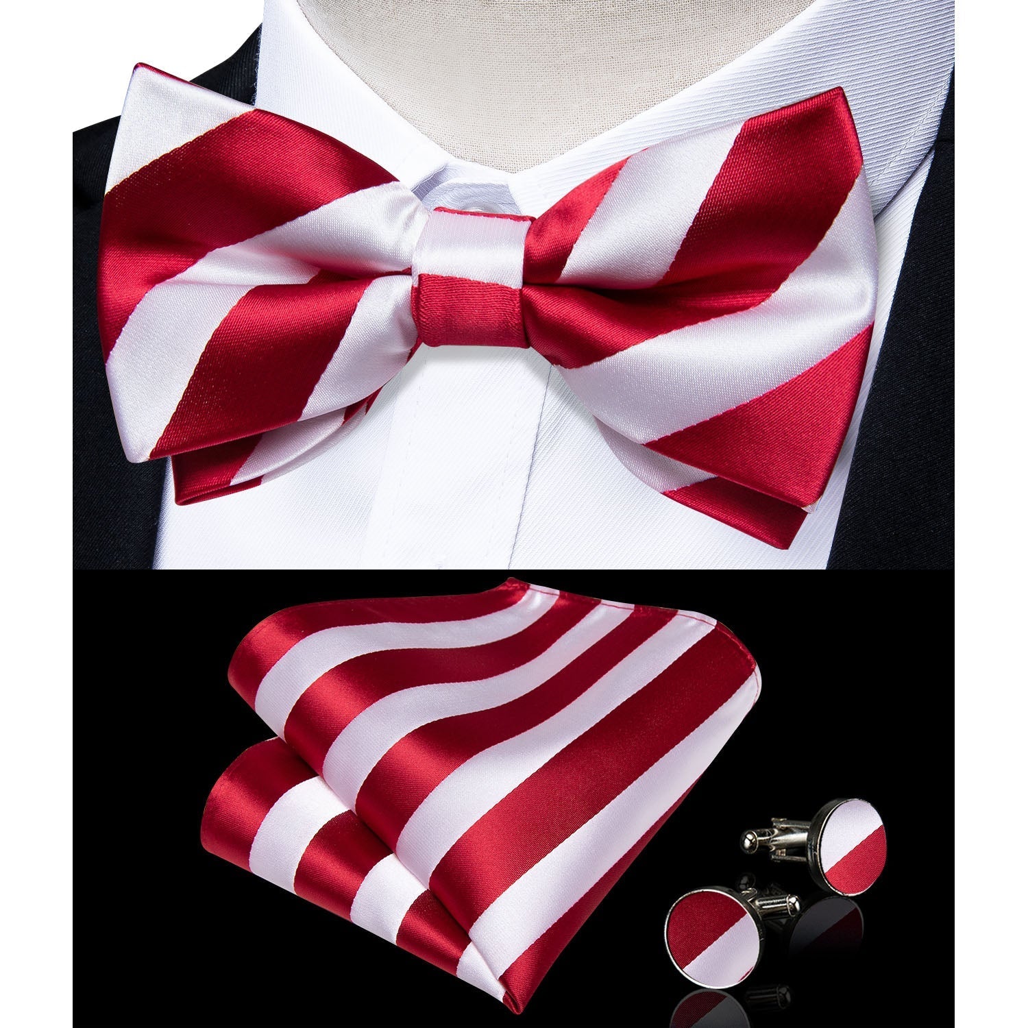 Red and White Striped Bow Tie and Suspenders Set bow tie    - Sophisticated Gentlemen