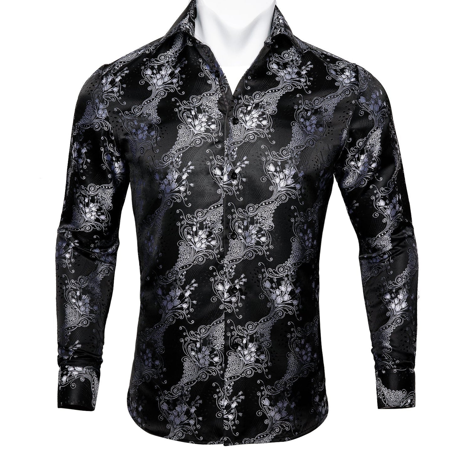 Silver and Black Floral Dress Shirt shirt S   - Sophisticated Gentlemen