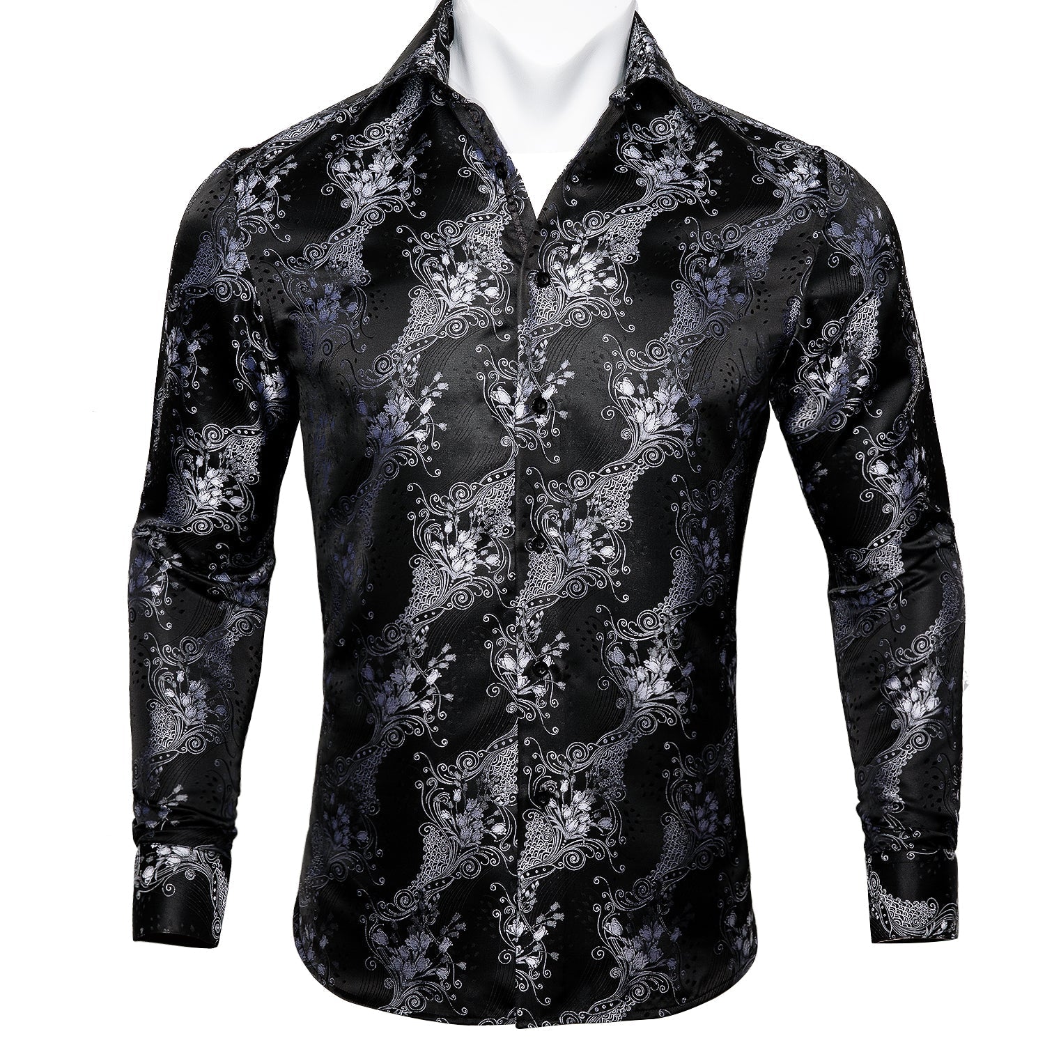 Silver and Black Floral Dress Shirt shirt S   - Sophisticated Gentlemen