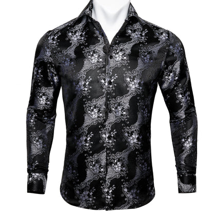 Silver and Black Floral Dress Shirt shirt S   - Sophisticated Gentlemen