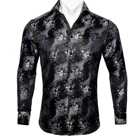 Silver and Black Floral Dress Shirt shirt S   - Sophisticated Gentlemen