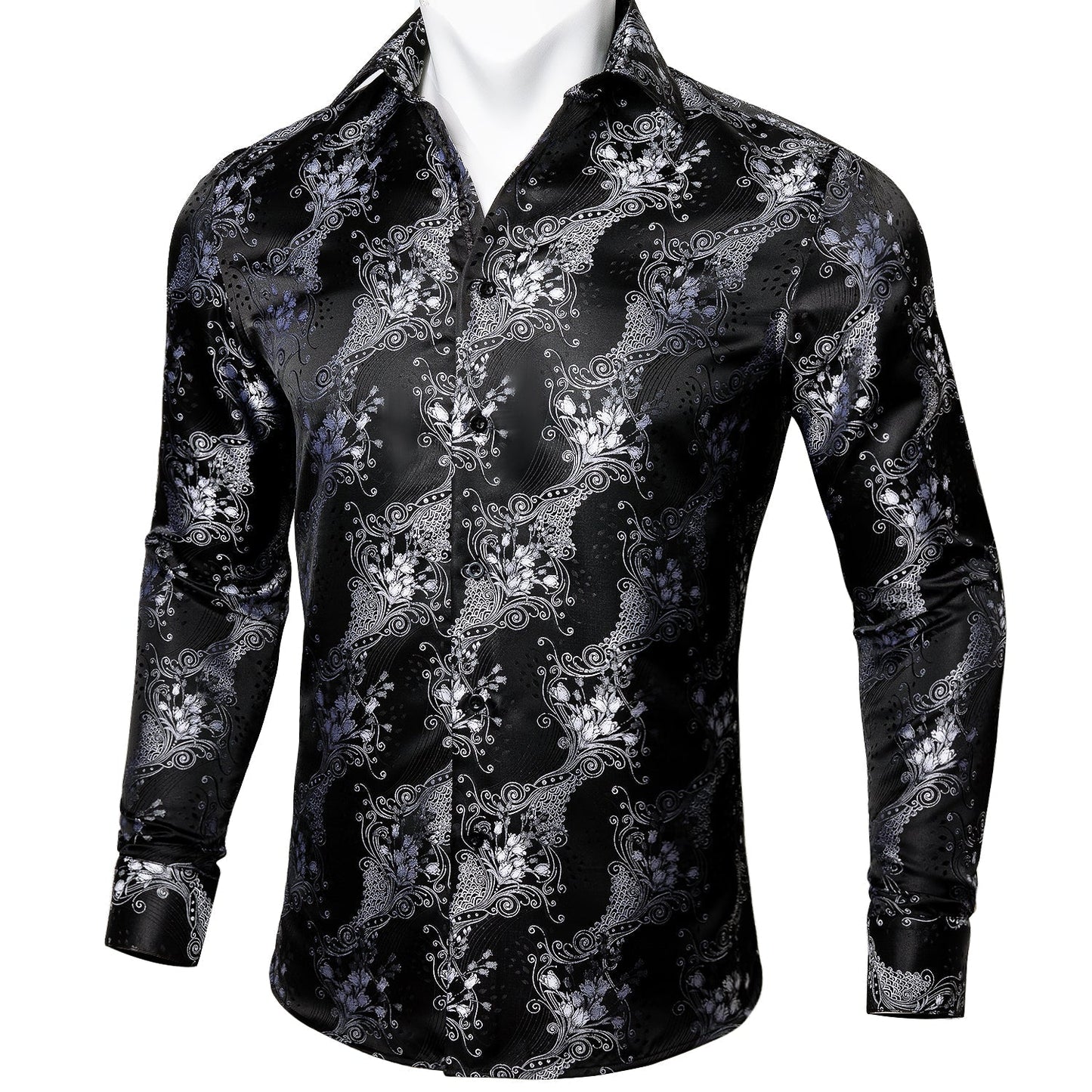 Silver and Black Floral Dress Shirt shirt    - Sophisticated Gentlemen