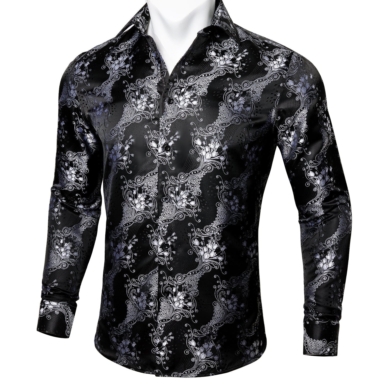 Silver and Black Floral Dress Shirt shirt    - Sophisticated Gentlemen