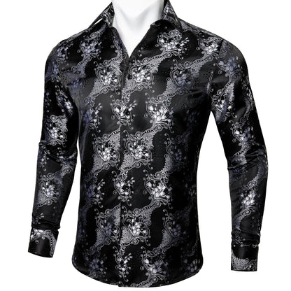 Silver and Black Floral Dress Shirt shirt    - Sophisticated Gentlemen