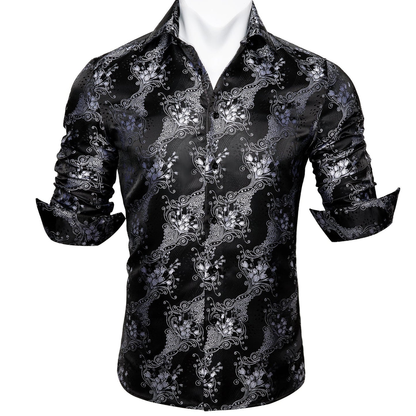 Silver and Black Floral Dress Shirt shirt    - Sophisticated Gentlemen