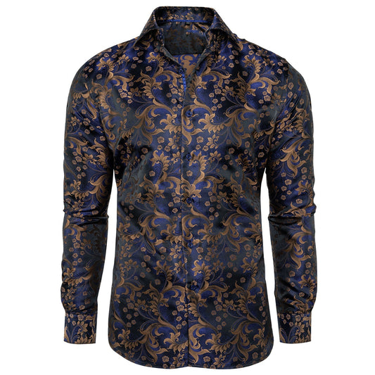 Royal Blue and Brown Floral Dress Shirt shirt S   - Sophisticated Gentlemen