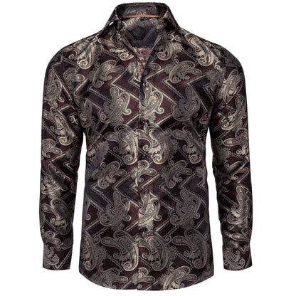 Burgundy and Brown Paisley Dress Shirt shirt S   - Sophisticated Gentlemen