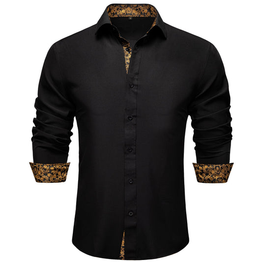 Black Shirt With Gold Floral Accent shirt S (Chest 40)   - Sophisticated Gentlemen