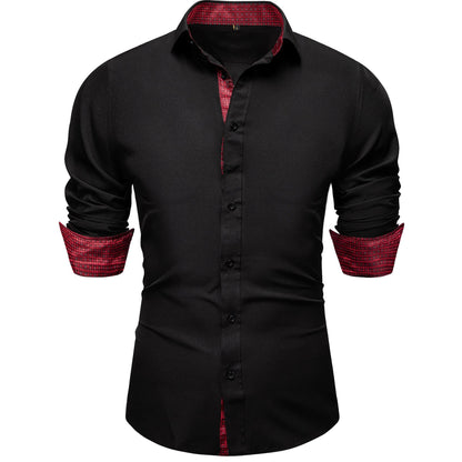 Black Shirt With Burgundy Plaid Accent shirt    - Sophisticated Gentlemen
