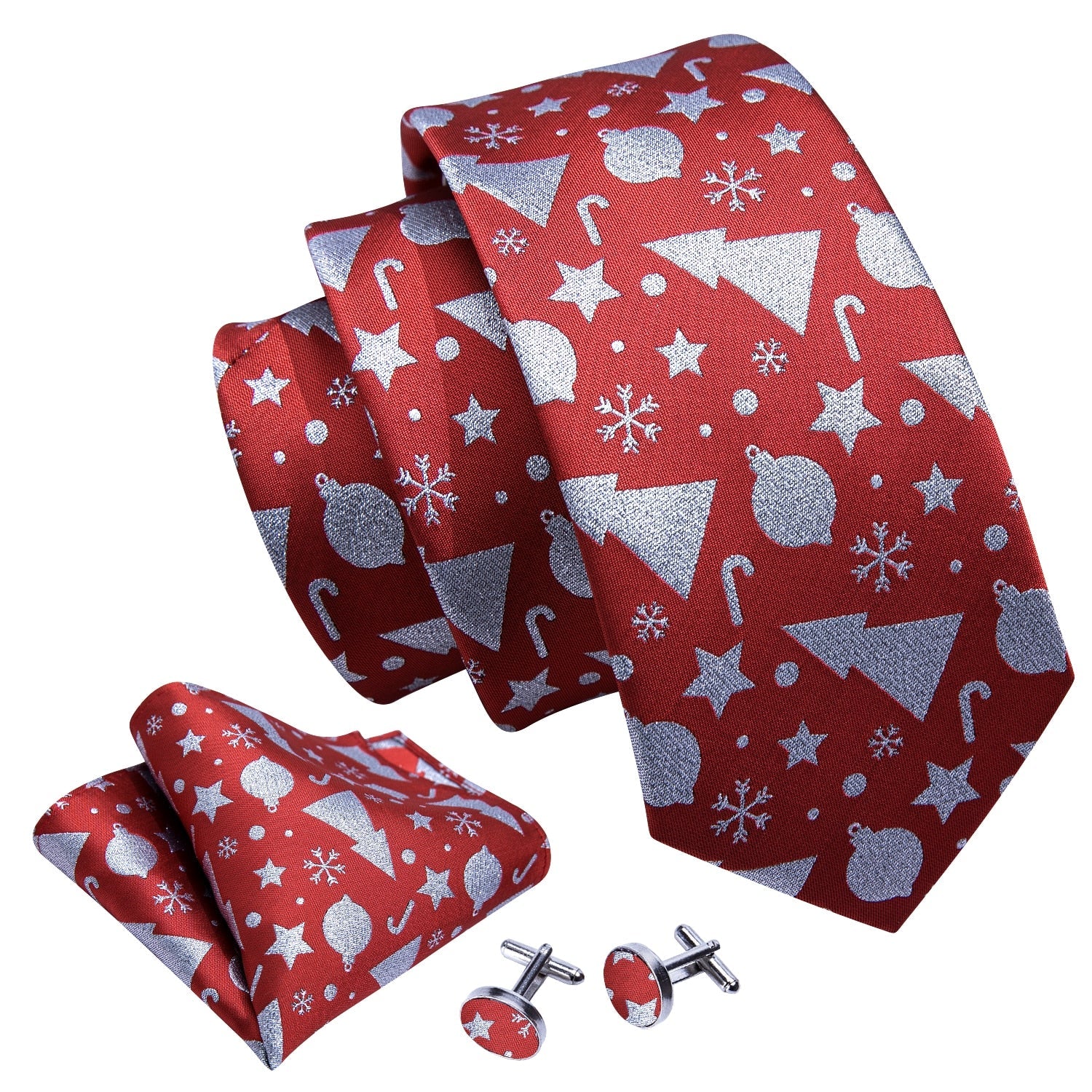 Snow Decorations Tie, Pocket Square and Cufflinks In Red tie sets    - Sophisticated Gentlemen