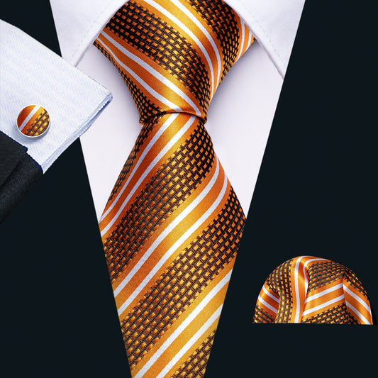 Gold Striped Premium Silk Tie, Pocket Square and Cufflinks - SOPHGENT