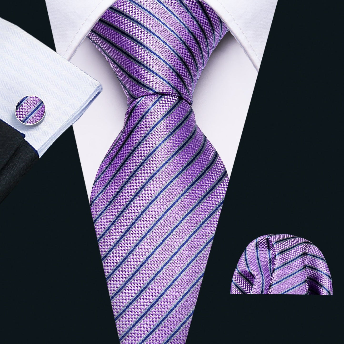 Purple Striped Premium Silk Tie, Pocket Square and Cufflinks - SOPHGENT