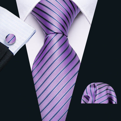 Purple Striped Premium Silk Tie, Pocket Square and Cufflinks - SOPHGENT