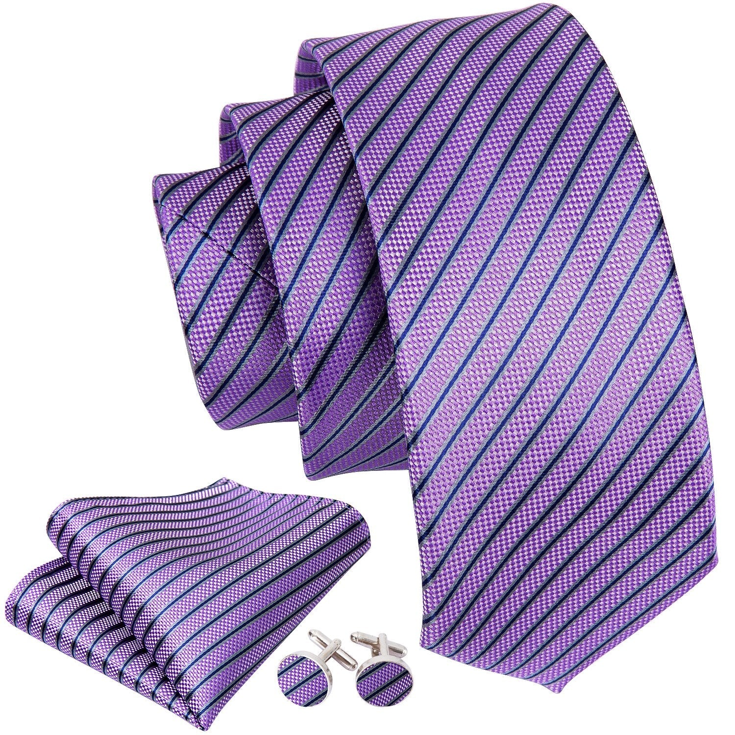 Purple Striped Premium Silk Tie, Pocket Square and Cufflinks tie sets    - Sophisticated Gentlemen