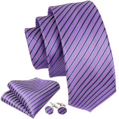 Purple Striped Premium Silk Tie, Pocket Square and Cufflinks tie sets    - Sophisticated Gentlemen