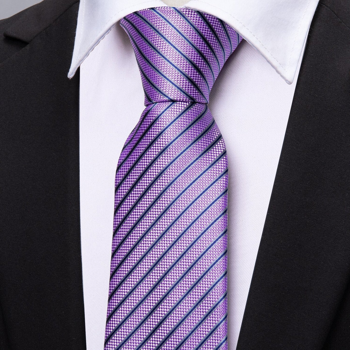 Purple Striped Premium Silk Tie, Pocket Square and Cufflinks tie sets    - Sophisticated Gentlemen