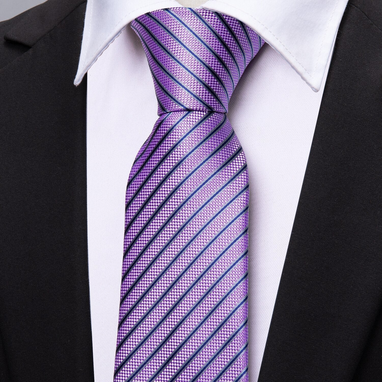 Purple Striped Premium Silk Tie, Pocket Square and Cufflinks tie sets    - Sophisticated Gentlemen