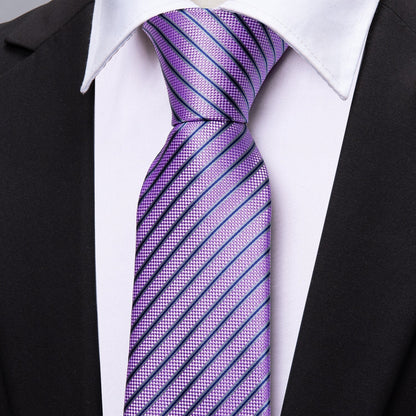 Purple Striped Premium Silk Tie, Pocket Square and Cufflinks tie sets    - Sophisticated Gentlemen