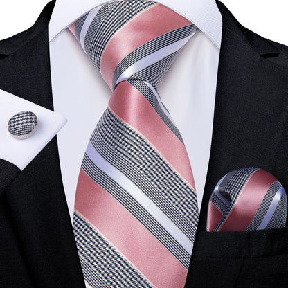 Pink Stripe Silk Tie, Pocket Square and Cufflinks tie sets Standard packaging   - Sophisticated Gentlemen