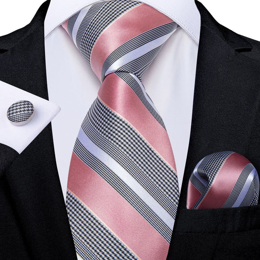 Pink Stripe Silk Tie, Pocket Square and Cufflinks tie sets Standard packaging   - Sophisticated Gentlemen