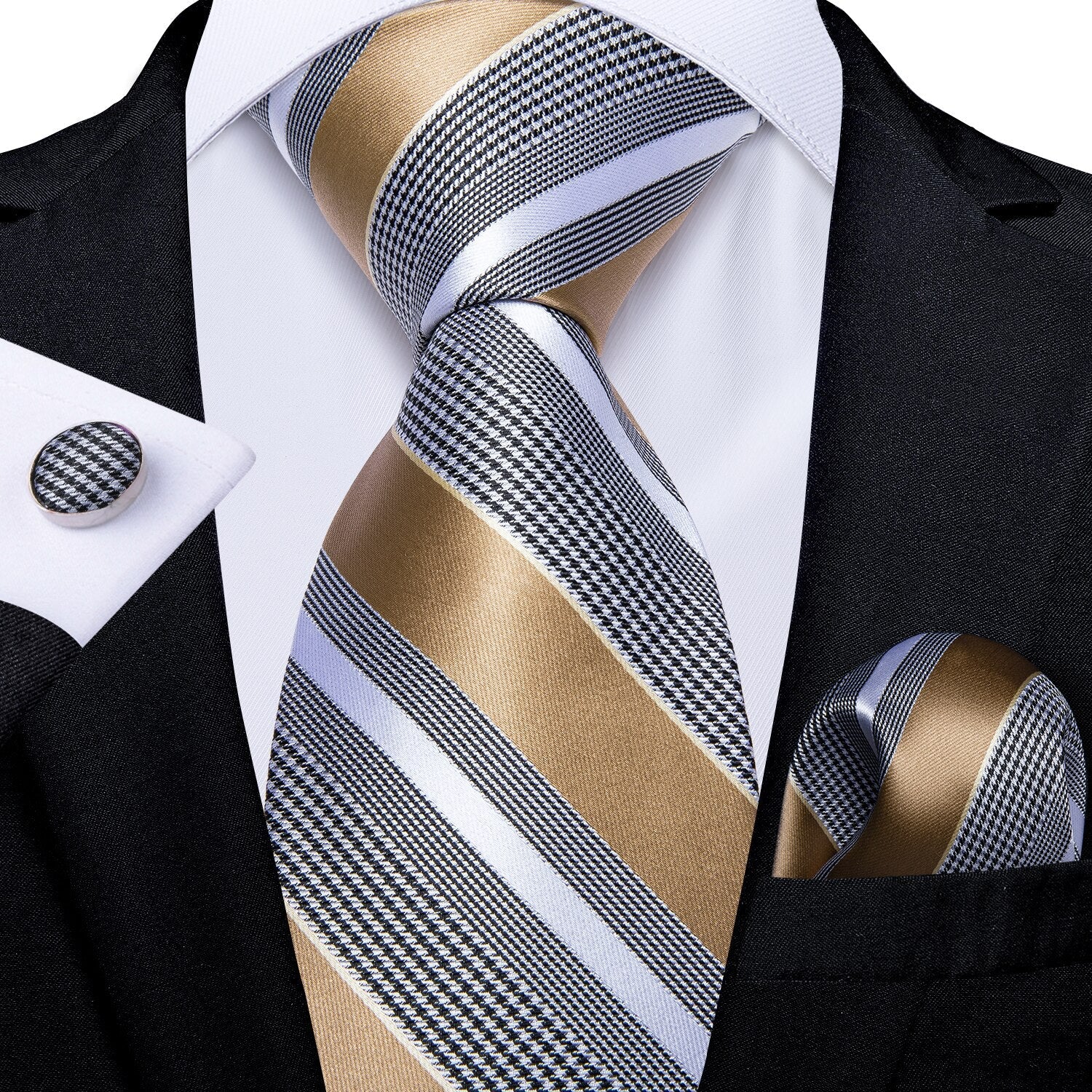 Gold Stripes Silk Tie, Pocket Square and Cufflinks tie sets Standard packaging   - Sophisticated Gentlemen