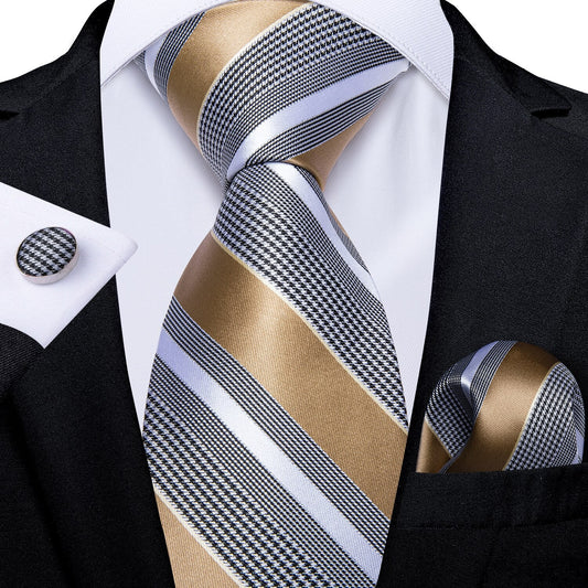 Gold Stripes Silk Tie, Pocket Square and Cufflinks tie sets Standard packaging   - Sophisticated Gentlemen
