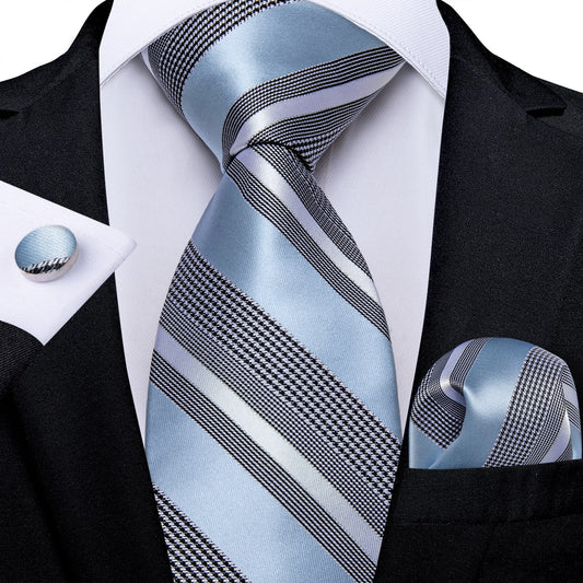 Baby Blue Stripes Silk Tie, Pocket Square and Cufflinks tie sets Standard packaging   - Sophisticated Gentlemen