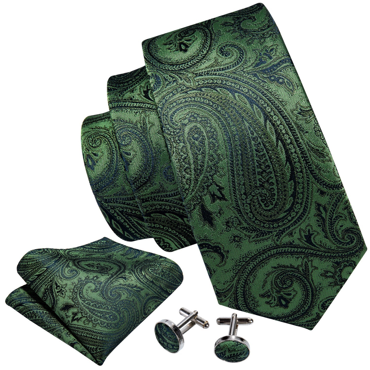 Green Harmony Tie, Pocket Square and Cufflinks tie sets    - Sophisticated Gentlemen
