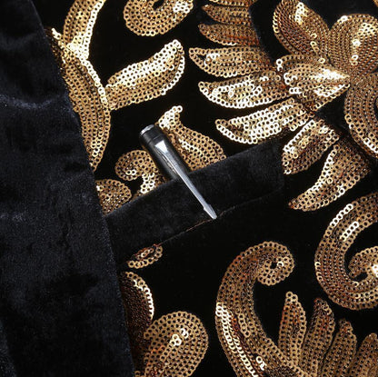 Gold and Black Sequins Velvet Tuxedo Jacket Blazers    - Sophisticated Gentlemen
