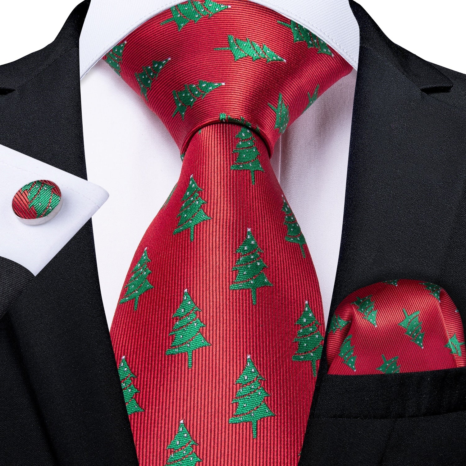 Christmas Trees On Red Tie, Pocket Square and Cufflink tie sets Standard packaging   - Sophisticated Gentlemen