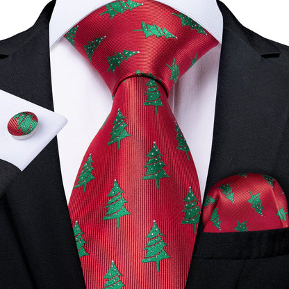 Christmas Trees On Red Tie, Pocket Square and Cufflink tie sets Standard packaging   - Sophisticated Gentlemen