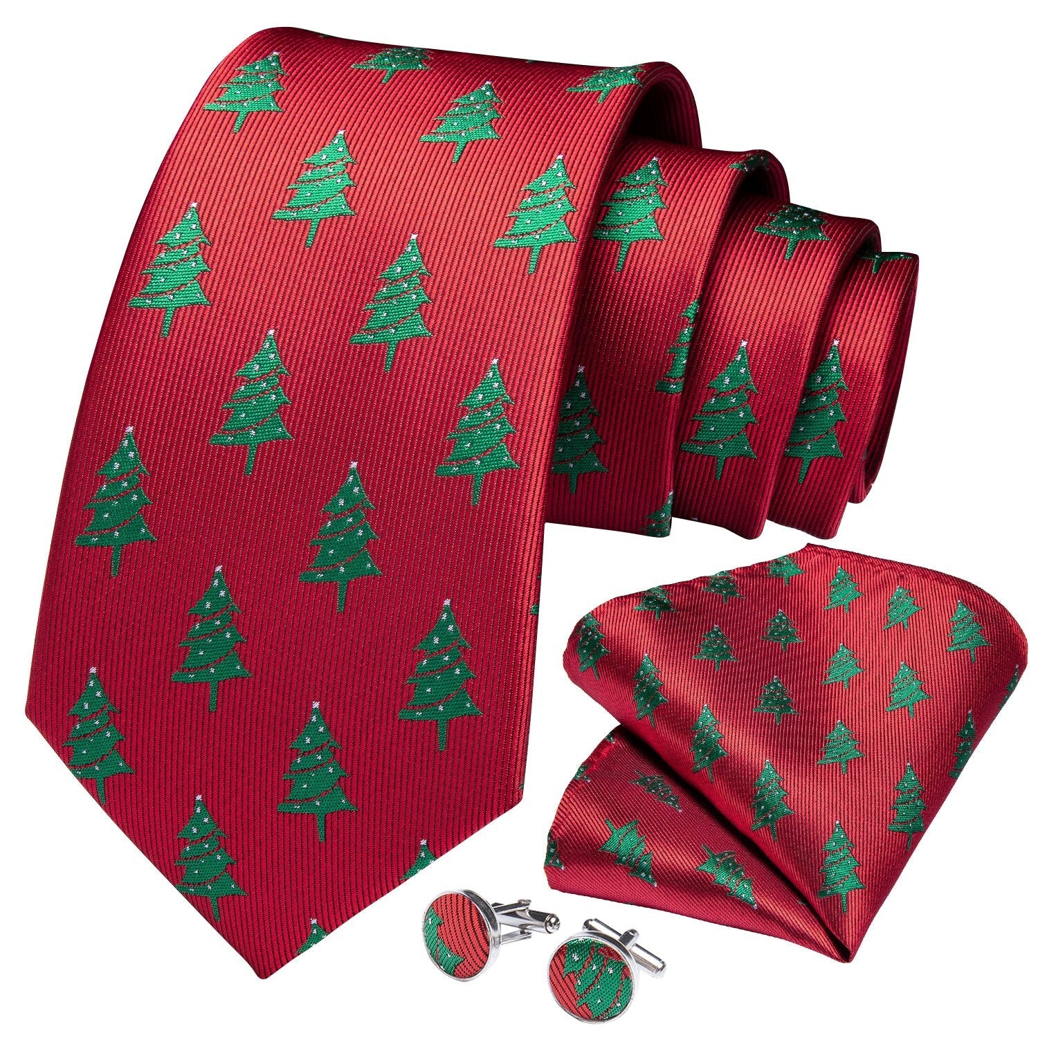 Christmas Trees On Red Tie, Pocket Square and Cufflink tie sets    - Sophisticated Gentlemen