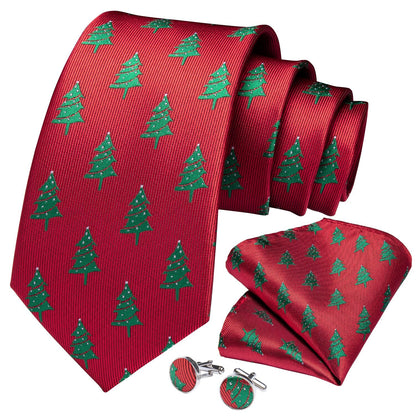 Christmas Trees On Red Tie, Pocket Square and Cufflink tie sets    - Sophisticated Gentlemen