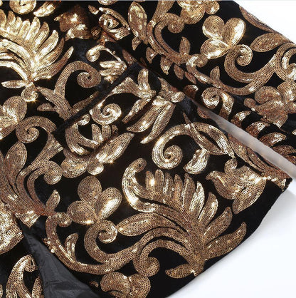 Gold and Black Sequins Velvet Tuxedo Jacket Blazers    - Sophisticated Gentlemen