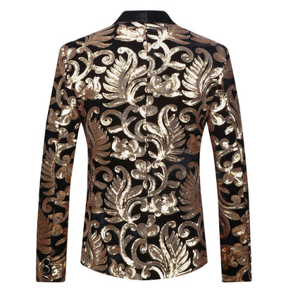 Gold and Black Sequins Velvet Tuxedo Jacket Blazers    - Sophisticated Gentlemen