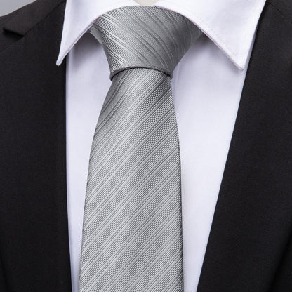 Silver Lines Tie, Pocket Square and Cufflinks tie sets    - Sophisticated Gentlemen