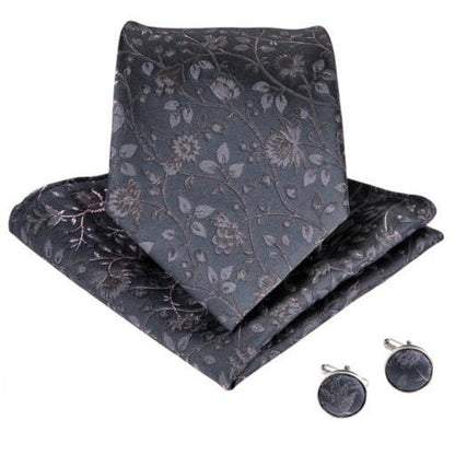 Gray Garden Tie, Pocket Square and Cufflinks tie sets    - Sophisticated Gentlemen