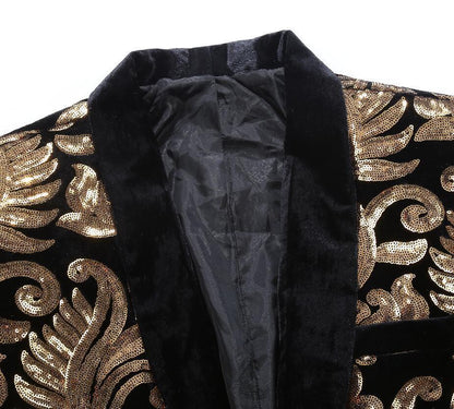 Gold and Black Sequins Velvet Tuxedo Jacket Blazers    - Sophisticated Gentlemen