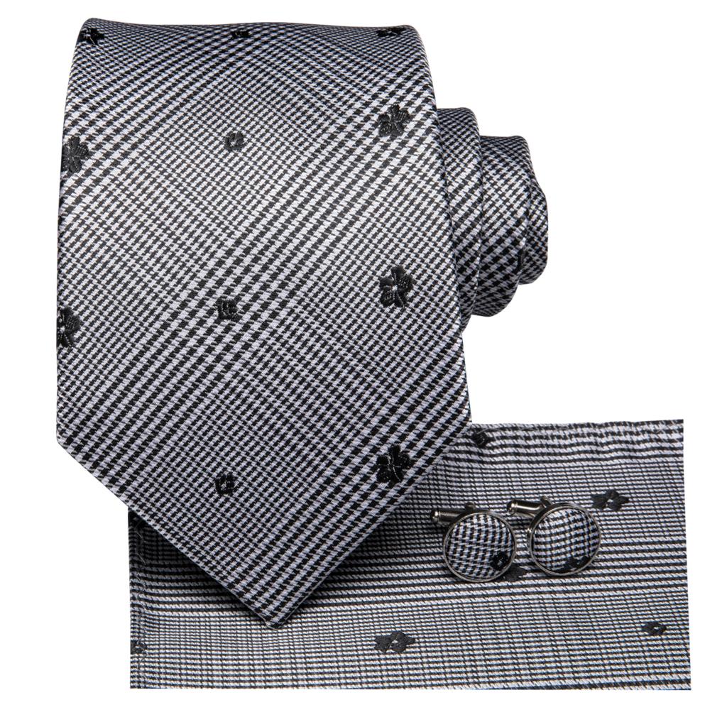 Lucky Black Flowers Tie, Pocket Square and Cufflinks tie sets    - Sophisticated Gentlemen