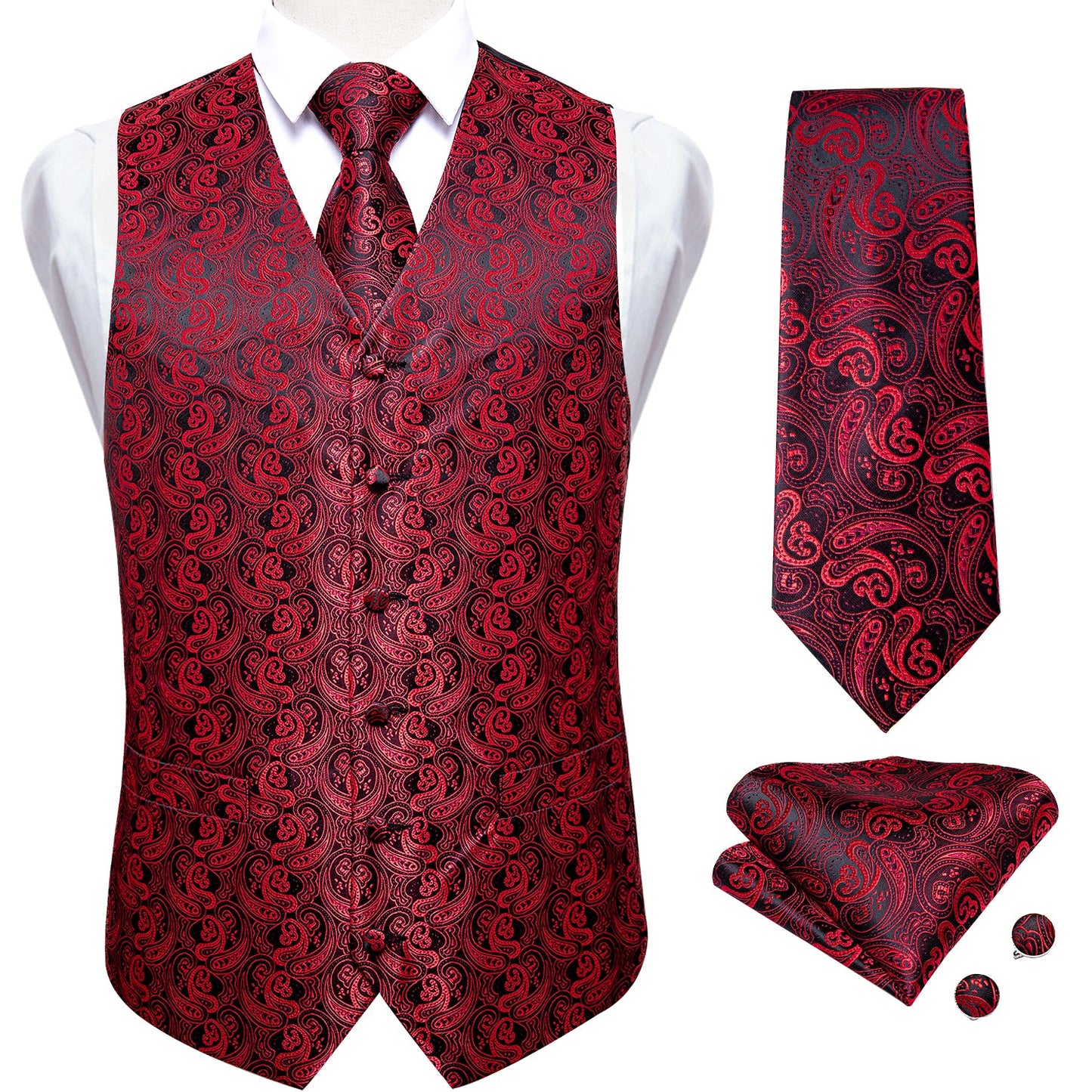 Luxury Red Paisley Vest Set - SOPHGENT