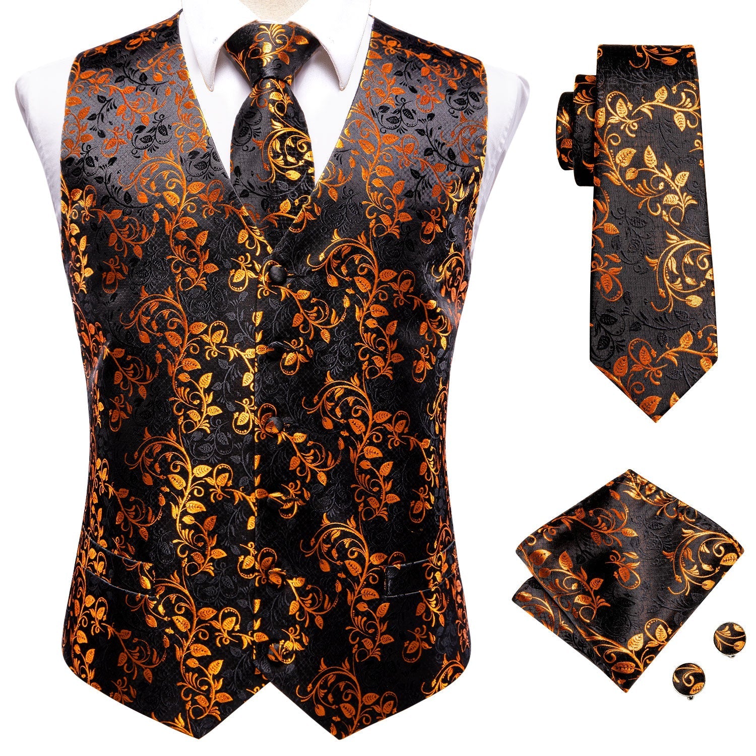 Black and Gold Flowers Vest Set - SOPHGENT
