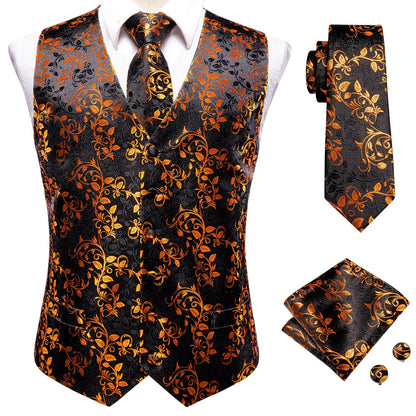 Black and Gold Flowers Vest Set - SOPHGENT