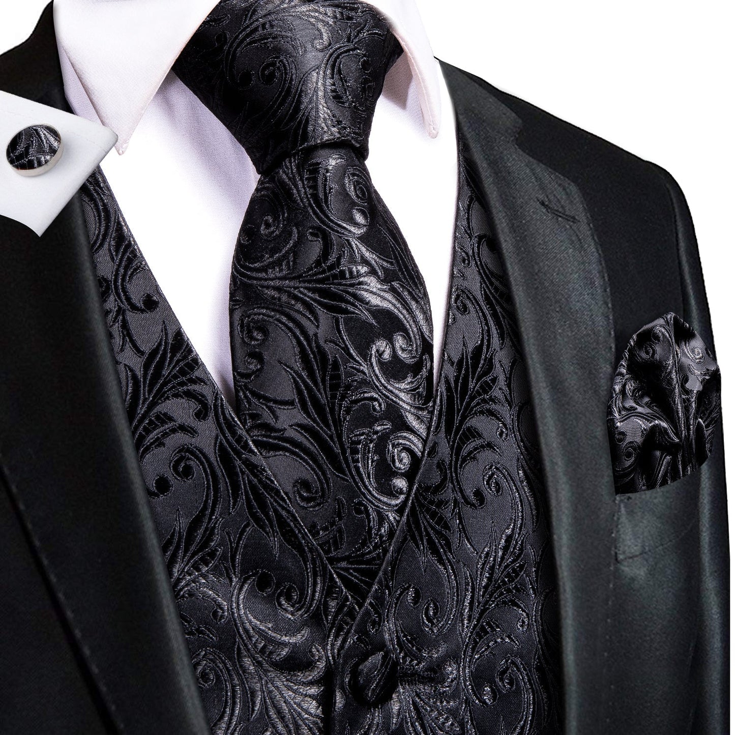 Black And Silver Floral Vest Set vest set S (Chest 41)   - Sophisticated Gentlemen