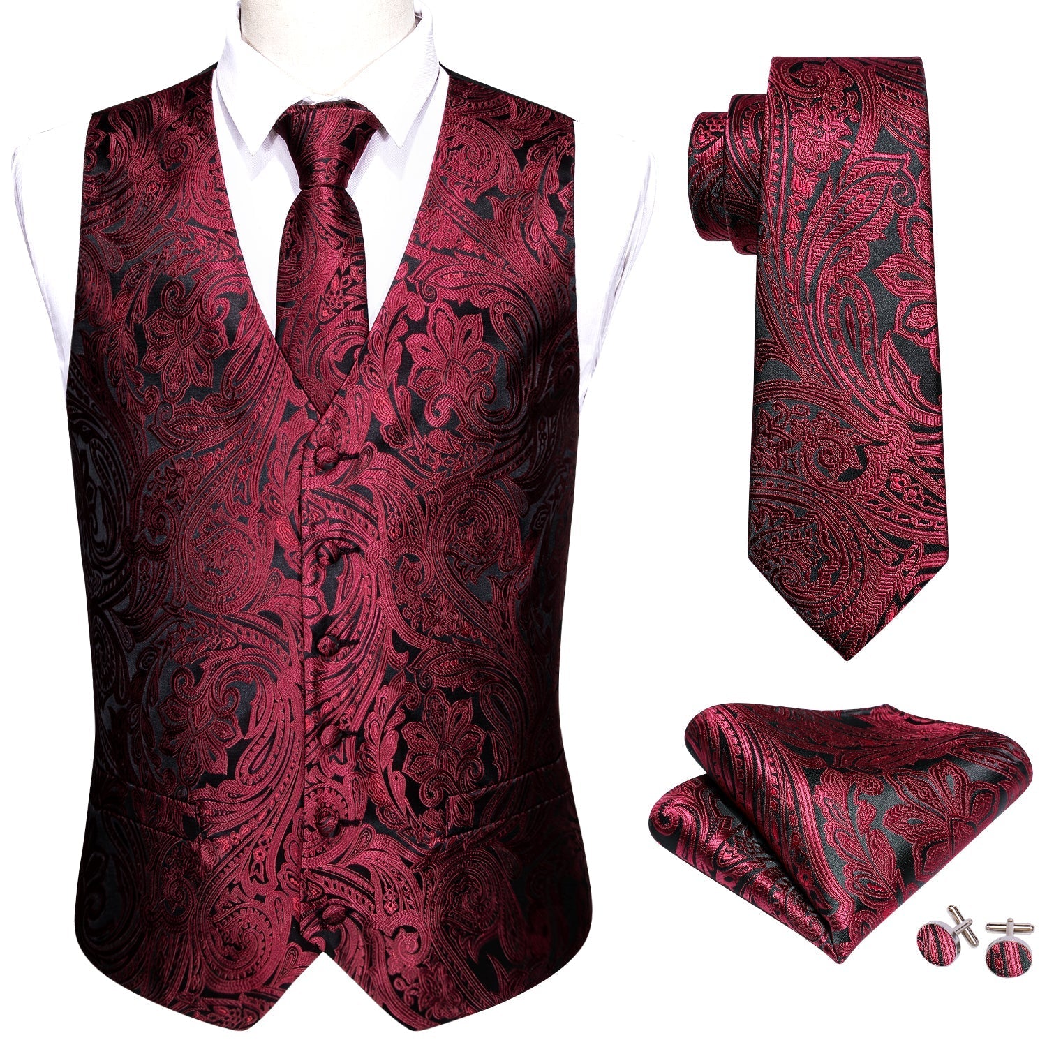 Burgundy Paisley Vest Set vest set    - Sophisticated Gentlemen