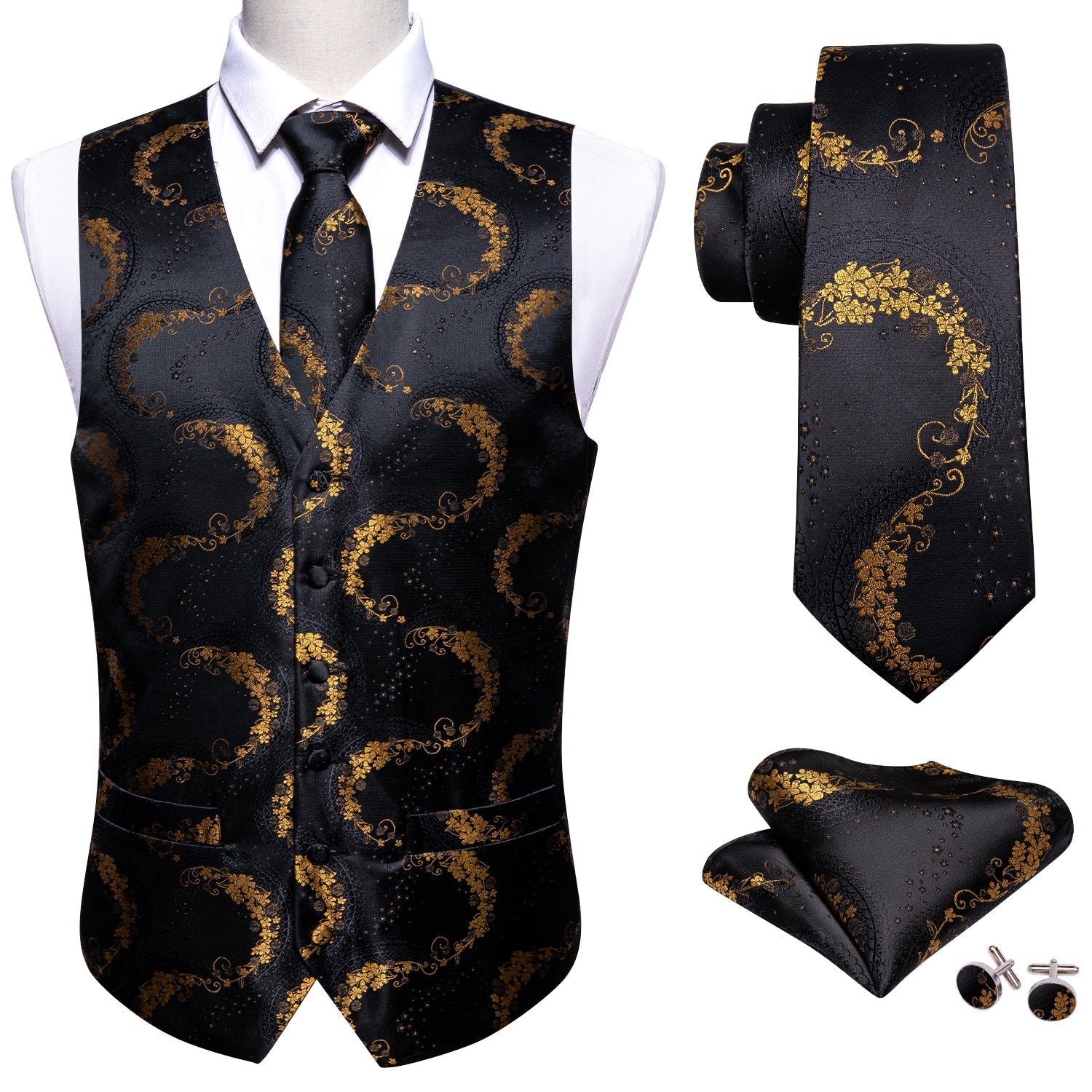 Black and Gold Floral Vest Set - SOPHGENT